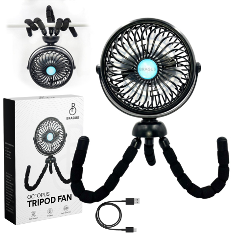 Home & Deco - Ventilator Portabil, Trepied Flexibil si Detasabil, Baterie 2600mAh, Autonomie 10h, Reincarcabil USB, 3 Trepte, Rotire 360, Silentios, Ventilator Mobil Birou, Calatorie, Camping, Masina, Casa, Negru