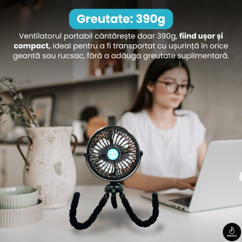 Ventilator Portabil, Trepied Flexibil si Detasabil, Baterie 2600mAh, Autonomie 10h, Reincarcabil USB, 3 Trepte, Rotire 360, Silentios, Ventilator Mobil Birou, Calatorie, Camping, Masina, Casa, Negru [12]