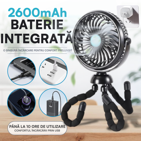Ventilator Portabil, Trepied Flexibil si Detasabil, Baterie 2600mAh, Autonomie 10h, Reincarcabil USB, 3 Trepte, Rotire 360, Silentios, Ventilator Mobil Birou, Calatorie, Camping, Masina, Casa, Negru [5]