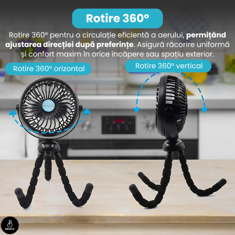 Ventilator Portabil, Trepied Flexibil si Detasabil, Baterie 2600mAh, Autonomie 10h, Reincarcabil USB, 3 Trepte, Rotire 360, Silentios, Ventilator Mobil Birou, Calatorie, Camping, Masina, Casa, Negru [9]