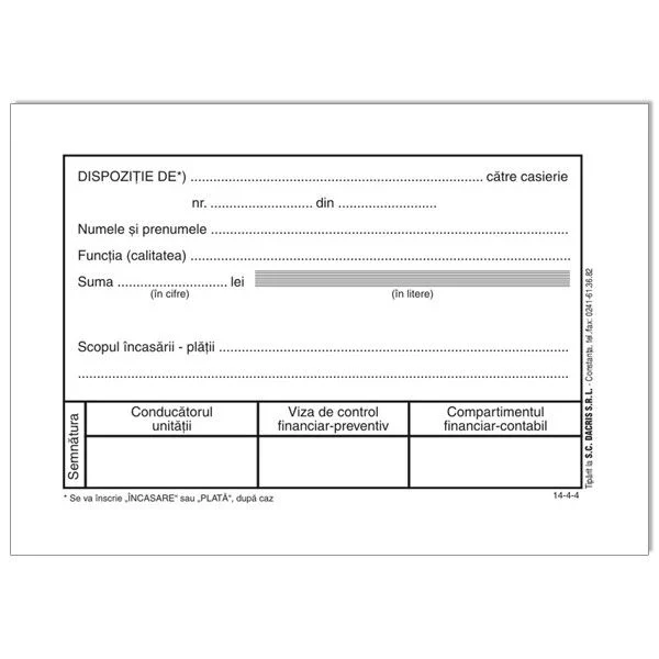 Formulare tipizate - Dispozitie de plata catre casierie A6, 100 file, print f/v, Unitate Protejata