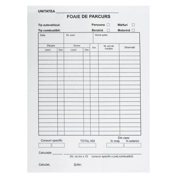 Formulare tipizate - Foi de parcurs persoane A5, 100 file, print f/v, Unitate Protejata