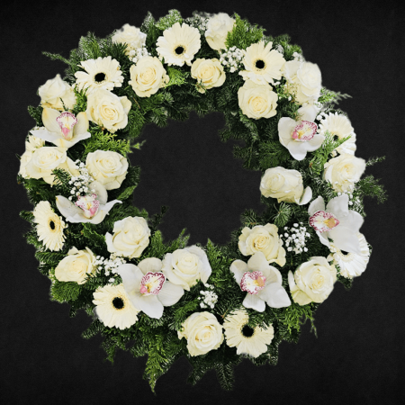 Coroane & Funerare - Coroana Funerara cu Orhidee Gerbera si Trandafiri Albi