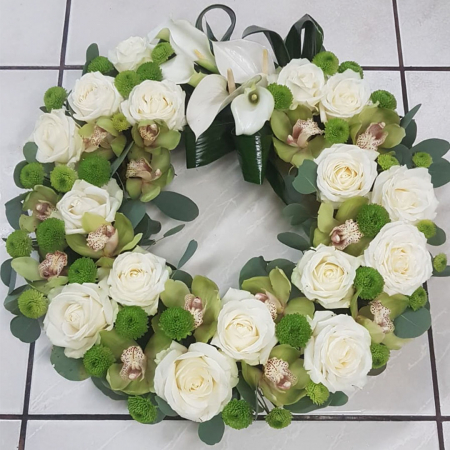 Coroane & Funerare - Coroana Funerara cu Trandafiri, Cale si Orhidee Cymbidium