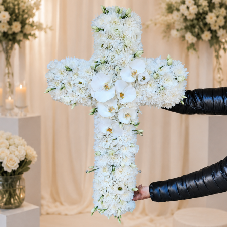 Coroane & Funerare - Cruce Funerara cu Crizantema, Orhidee si Eustoma