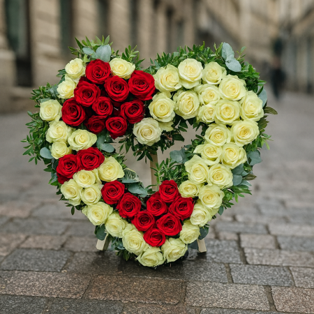 Coroane & Funerare - Inima Funerara cu 58 de Trandafiri