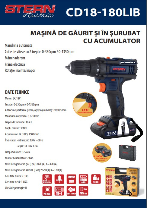 2 akkumulátoros fúró és csavarhúzó Stern CD18-180LIB, 18 V, 0-350rpm / 0-1350 Rpm, AKT [2]