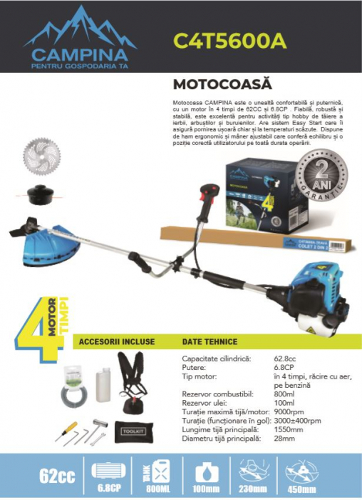 Campina C4T5600A benzines bozótvágó 6.8 le, 9000 fordulat/perc, 4 ütemű motor [3]