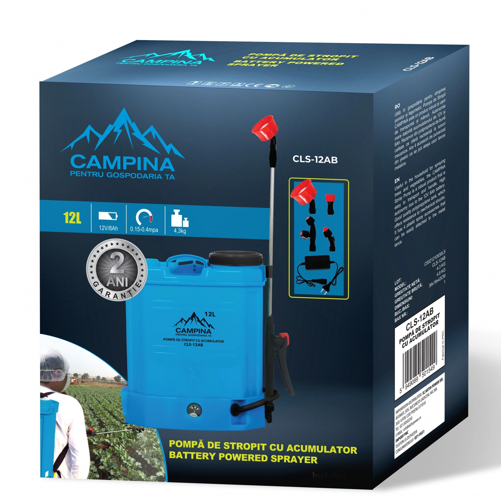 Campina CLS-12AB akkumulátoros permetezőszivattyú, 12V, 8Ah, 12L + hordozható porlasztó [2]