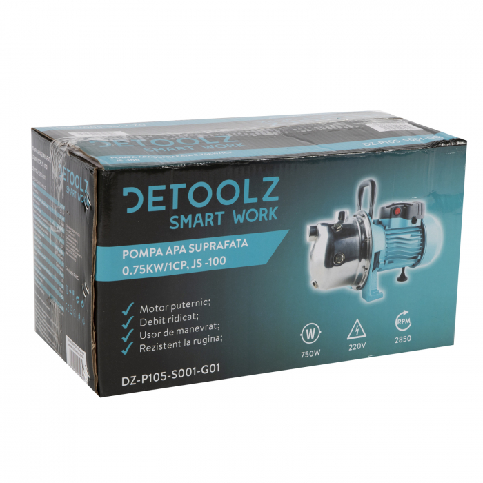 Detoolz felszíni vízszivattyú 0,75kW JS 100SS, szívás 9 m, kisülés 45 m, 3,3 mc/h [7]