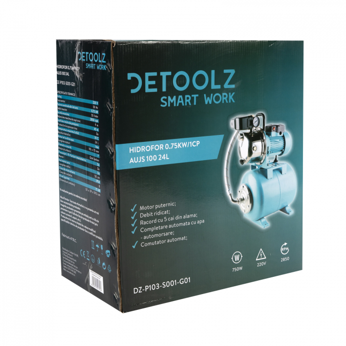 Hidrofor, 24 liter, Detoolz, 0,75kW/1HP AUJET 100B, abszorpció 9 m, magasság 45 m, 3.3 mc/h [5]
