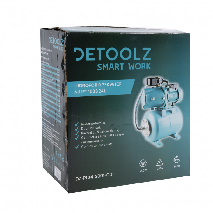 Hidrofor, 24 liter, Detoolz, 0,75kW/1HP AUJS 100, abszorpció 9 m, magasság 45 m, 3.3 mc/h [6]