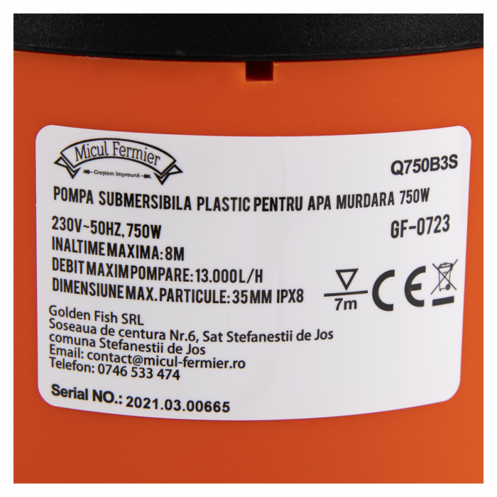 Műanyag szivattyú piszkos vízhez, 750W, 13 mc / h 7m 1 " [4]