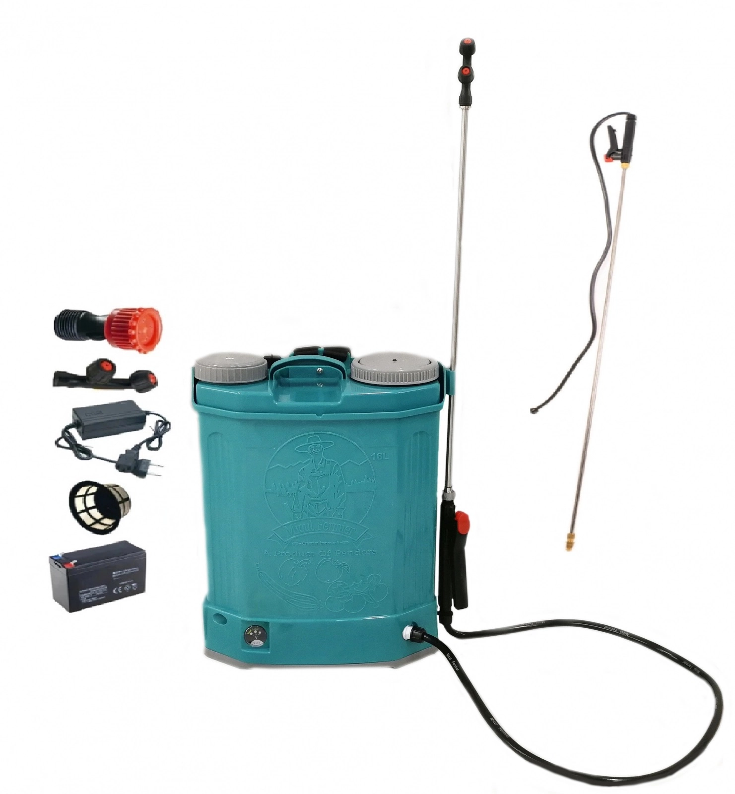 Pandora GF-0667||GF-0643||GF-0659 elektromos permetező szivattyú készlet, 16 liter, 5 bar + nyomásszabályozó, vermorel akkumulátorral + 2,7 m lándzsával és fúvóka készlettel [6]