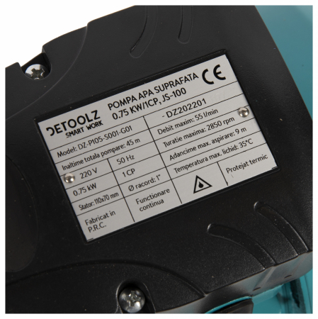 Detoolz felszíni vízszivattyú 0,75kW JS 100SS, szívás 9 m, kisülés 45 m, 3,3 mc/h [4]