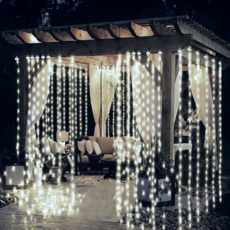 Kültéri telepítés típusa áramló függöny V8 - hideg fehér, összekapcsolható, 120 led, 3 x 3 m, fehér vezeték