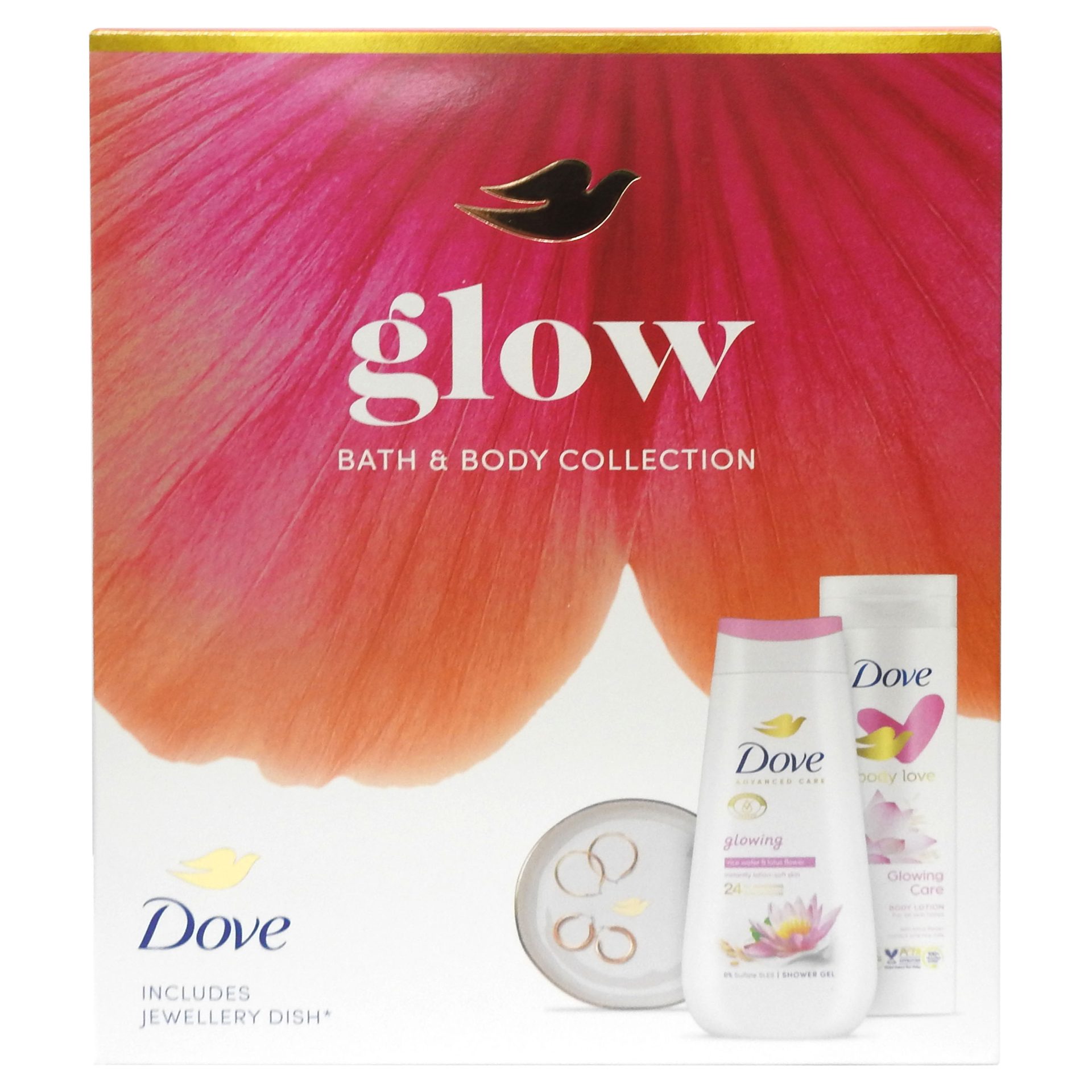 Parfumuri și deodorante - Caseta Cadou, Dove, Gel de Dus 225 ml, Lotiune de Corp 250 ml, Jewellery Dish Glow
