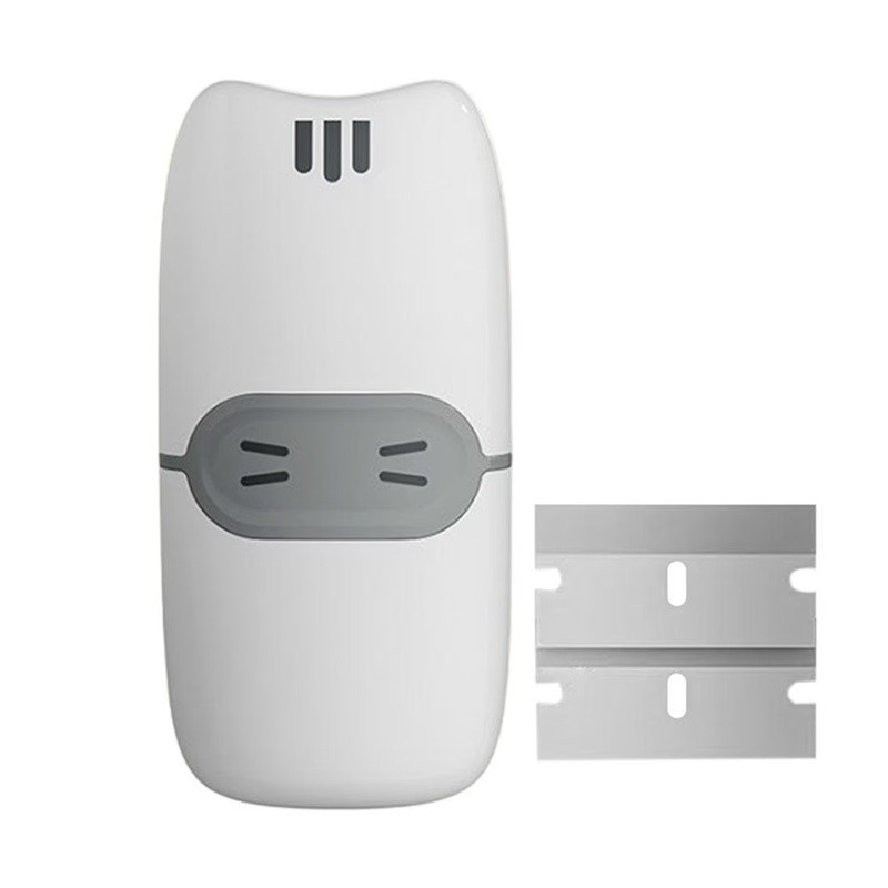 Pentru Casa si Camping - Mini Racleta de Curatare, Flippy, pentru Etichete, Adezivi, din ABS+ Metal, 2 Lame Incluse, Alb/Gri