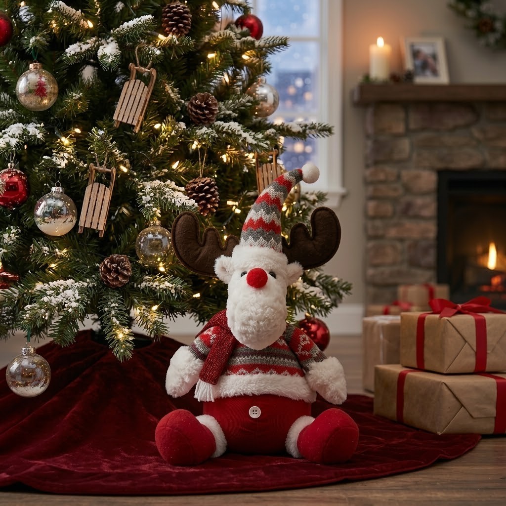 Ren De Plus Festiv, Flippy, Ren cu Nas Rosu si Pulover, Decoratiune De Craciun, Ornament De Pus Pe Polita Sau Sub Brad, 38 cm, Multicolor [1]