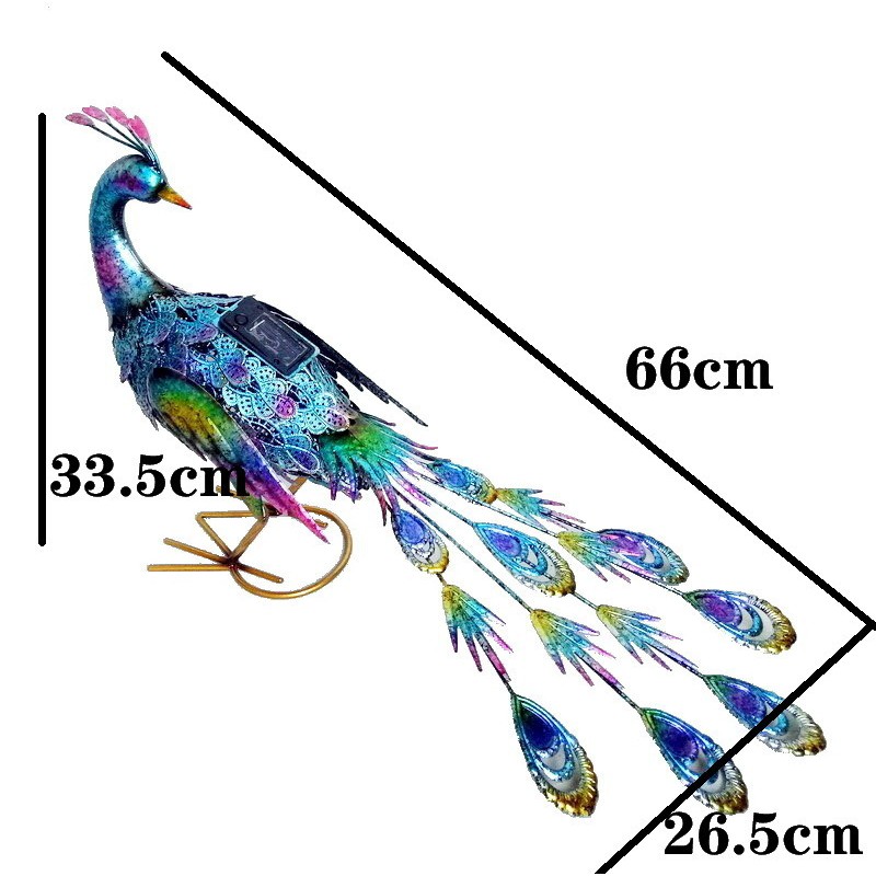 Decoratiune de Gradina cu Lampa solara, Flippy, Model Paun Pitic, Iluminare Led si Incarcare Solara, 66 x 33.5 x 26.5 cm, din Fier, Albastru Multicolor [1]