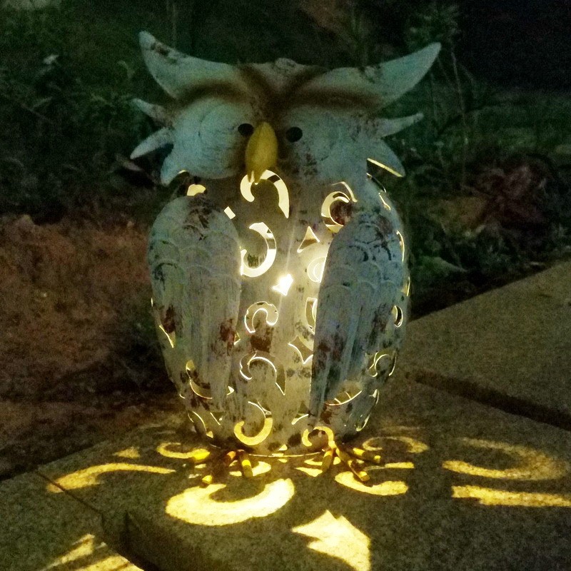 Decoratiune de Gradina cu Lampa solara, Flippy, Model Bufnita, Iluminare Led si Incarcare Solara, 20.5 x 10 x 25.5 cm, din Fier, Gri Alb [4]
