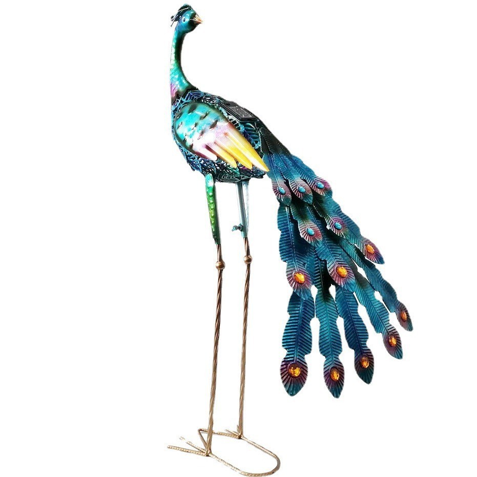 Decorațiuni și accesorii pentru casă - Decoratiune de Gradina cu Lampa solara, Flippy, Model Paun, Iluminare Led si Incarcare Solara, 91.5 x 45 x 26 cm, din Fier, Albastru azur