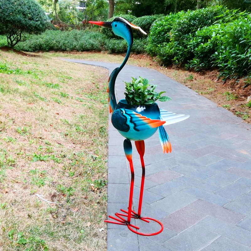 Decoratiune pentru Gradina, Flippy, Flamingo pentru Gradina cu Suport pentru Plante Flori, Ornament de Ghiveci de Flori, Model Flamingo, din Fier, 71 x 34 x 22 cm, Albastru [2]