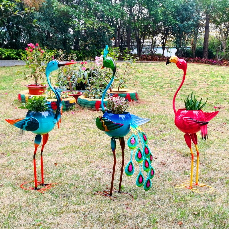 Decoratiune pentru Gradina, Flippy, Flamingo pentru Gradina cu Suport pentru Plante Flori, Ornament de Ghiveci de Flori, Model Flamingo, din Fier, 71 x 34 x 22 cm, Albastru [3]