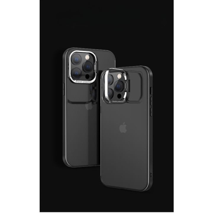 Telefoane și accesorii - Husa de protectie pentru iPhone 14, cu suport metalic pentru camera, Bracket Series, Flippy, Protectie Antisoc, PC mat, silicon moale pe margini, Negru