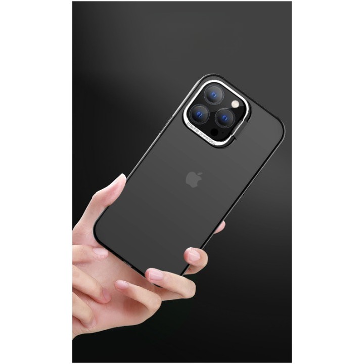 Husa de protectie pentru iPhone 14, cu suport metalic pentru camera, Bracket Series, Flippy, Protectie Antisoc, PC mat, silicon moale pe margini, Negru [4]