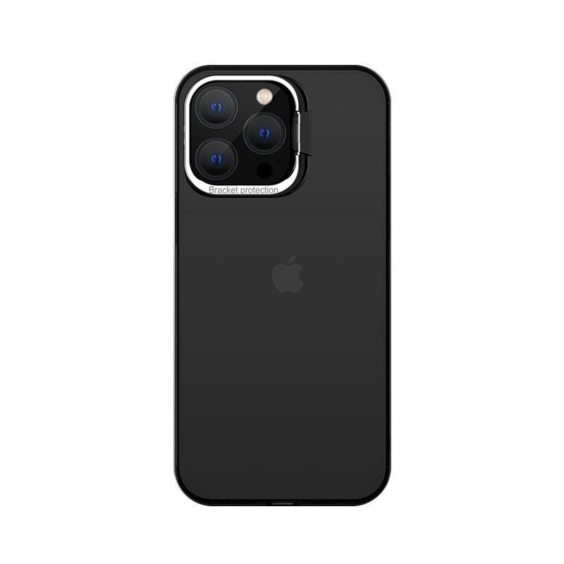 Telefoane și accesorii - Husa de protectie pentru iPhone 14 Plus, cu suport metalic pentru camera, Bracket Series, Flippy, Protectie Antisoc, PC mat, silicon moale pe margini, Negru