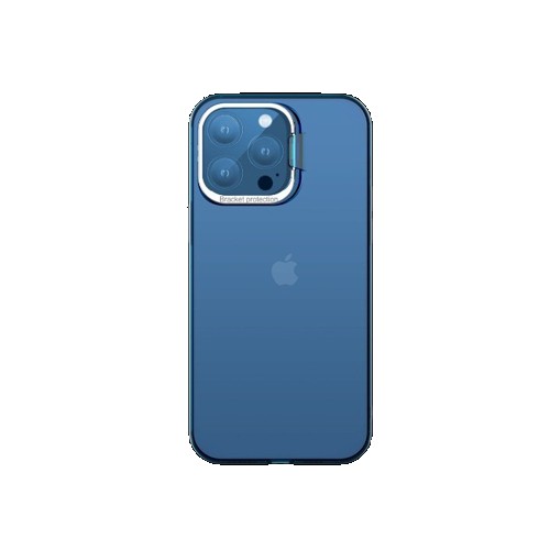 Telefoane și accesorii - Husa de protectie pentru iPhone 14 Pro Max, cu suport metalic pentru camera, Bracket Series, Flippy, Protectie Antisoc, PC mat, silicon moale pe margini, Albastru