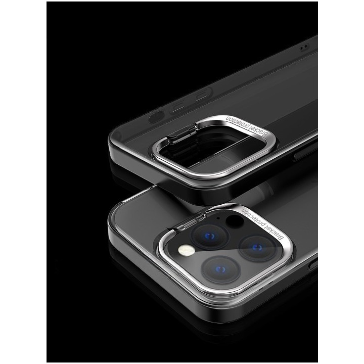 Husa de protectie pentru iPhone 14 Pro Max, cu suport metalic pentru camera, Bracket Series, Flippy, Protectie Antisoc, PC mat, silicon moale pe margini, Negru [4]