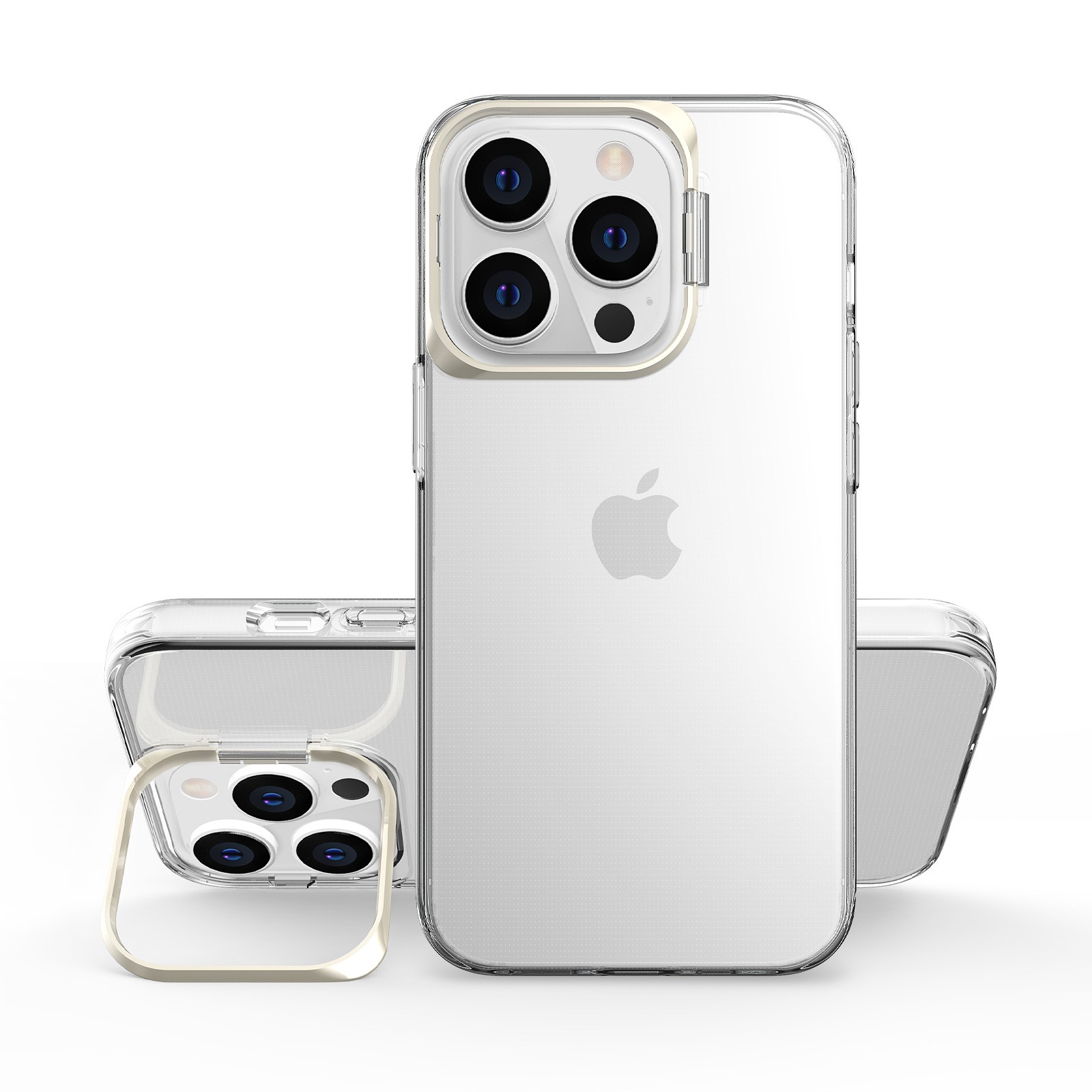 Telefoane și accesorii - Husa de protectie pentru iPhone 14 Pro Max, cu suport metalic pentru camera, Bracket Series, Flippy, Protectie Antisoc, PC mat, silicon moale pe margini, Transparent