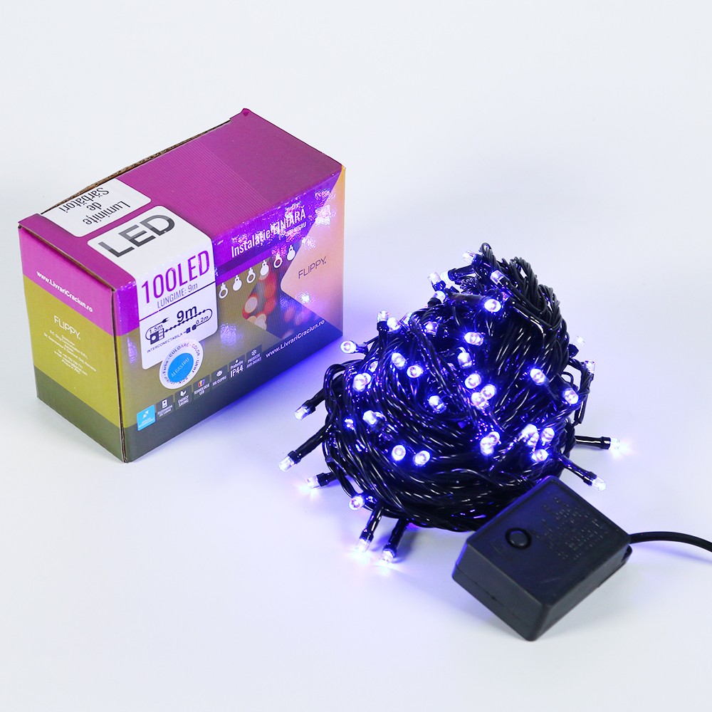 Instalatie de Craciun, Flippy®, Tip Liniara, Fir Negru, 9 m, 100 LED -uri, Interconectabila, Albastru [3]