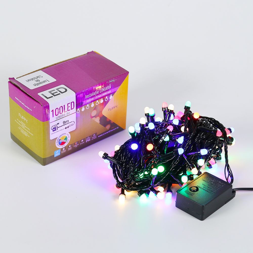 Instalatie de Craciun Flippy® Tip Liniara, Fir Negru, 9 m, 100 LED-uri Mari Rotunde, Interconectabila, Multicolor [3]