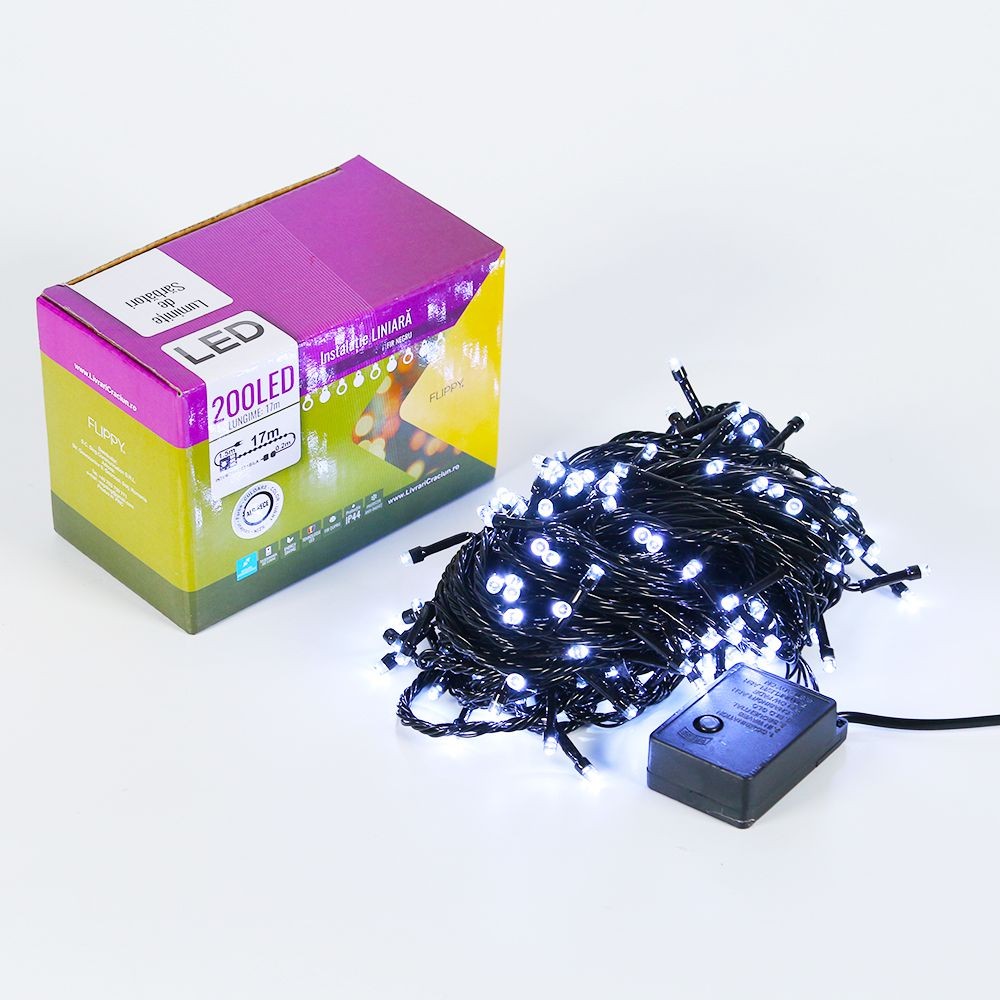 Instalatie de Craciun Flippy® Tip Liniara, Fir Negru, 17 m, 200 LED-uri, Interconectabila, Alb Rece [3]