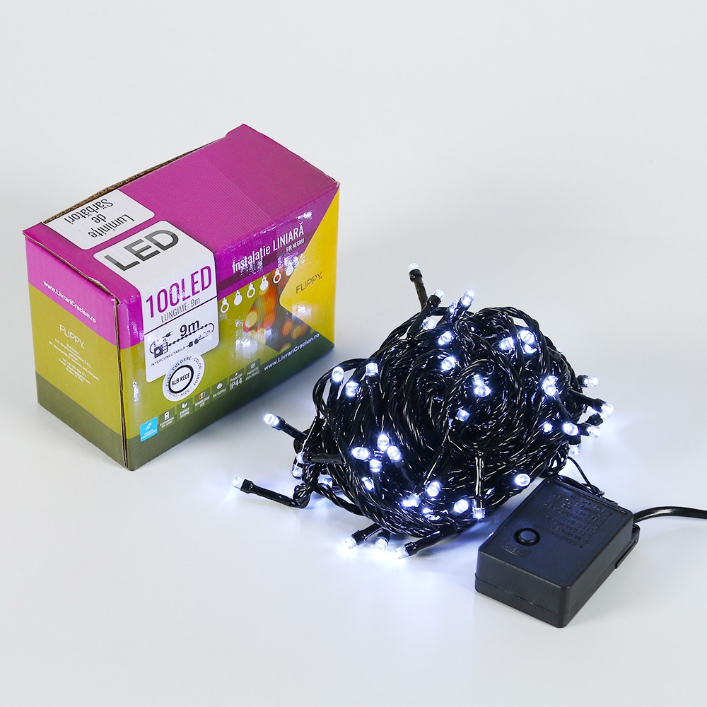 Instalatie de Craciun Flippy® Tip Liniara, Fir Negru, 9 m, 100 LED-uri, Interconectabila, Alb Rece [3]