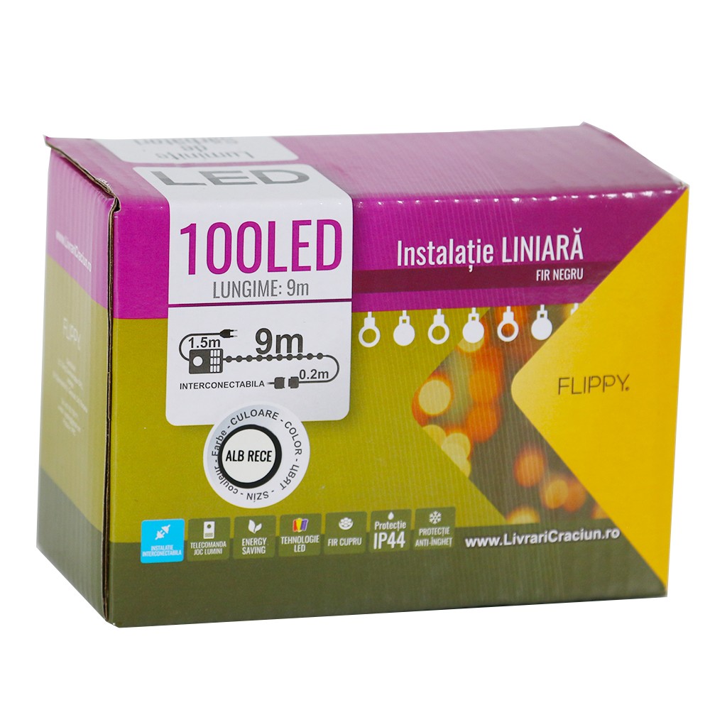Instalatie de Craciun Flippy® Tip Liniara, Fir Negru, 9 m, 100 LED-uri, Interconectabila, Alb Rece [4]