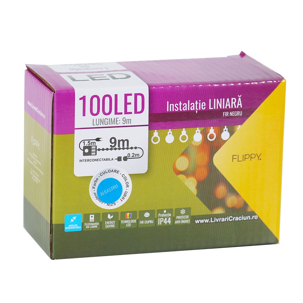 Instalatie de Craciun, Flippy®, Tip Liniara, Fir Negru, 9 m, 100 LED -uri, Interconectabila, Albastru [4]