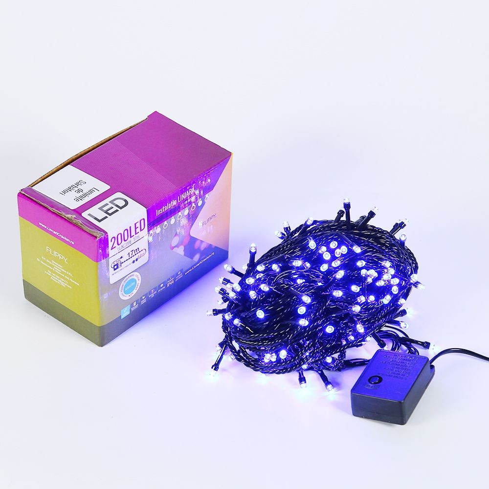 Instalatie de Craciun Flippy® Tip Liniara,Fir Negru, 17 m, 200 LED-uri ,Interconectabila, Albastru [3]