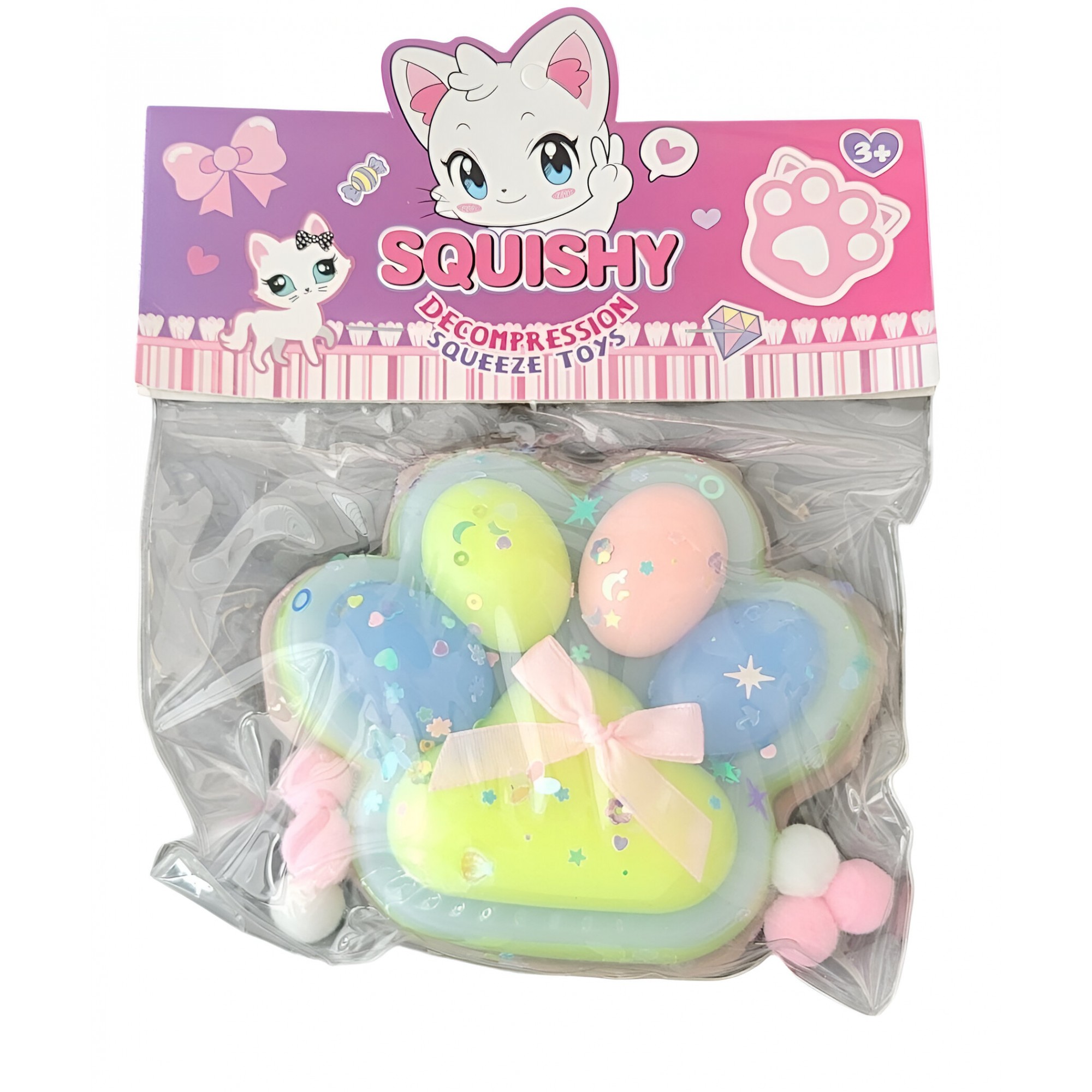 Jucării, copii și bebe - Jucarie Antistres Squishy, Flippy, cu Revenire Lenta, Model Labuta de Pisica Pufoasa, 12.5x10.5 cm, 220g, Squeeze Pinch Family, Multicolor Albastru