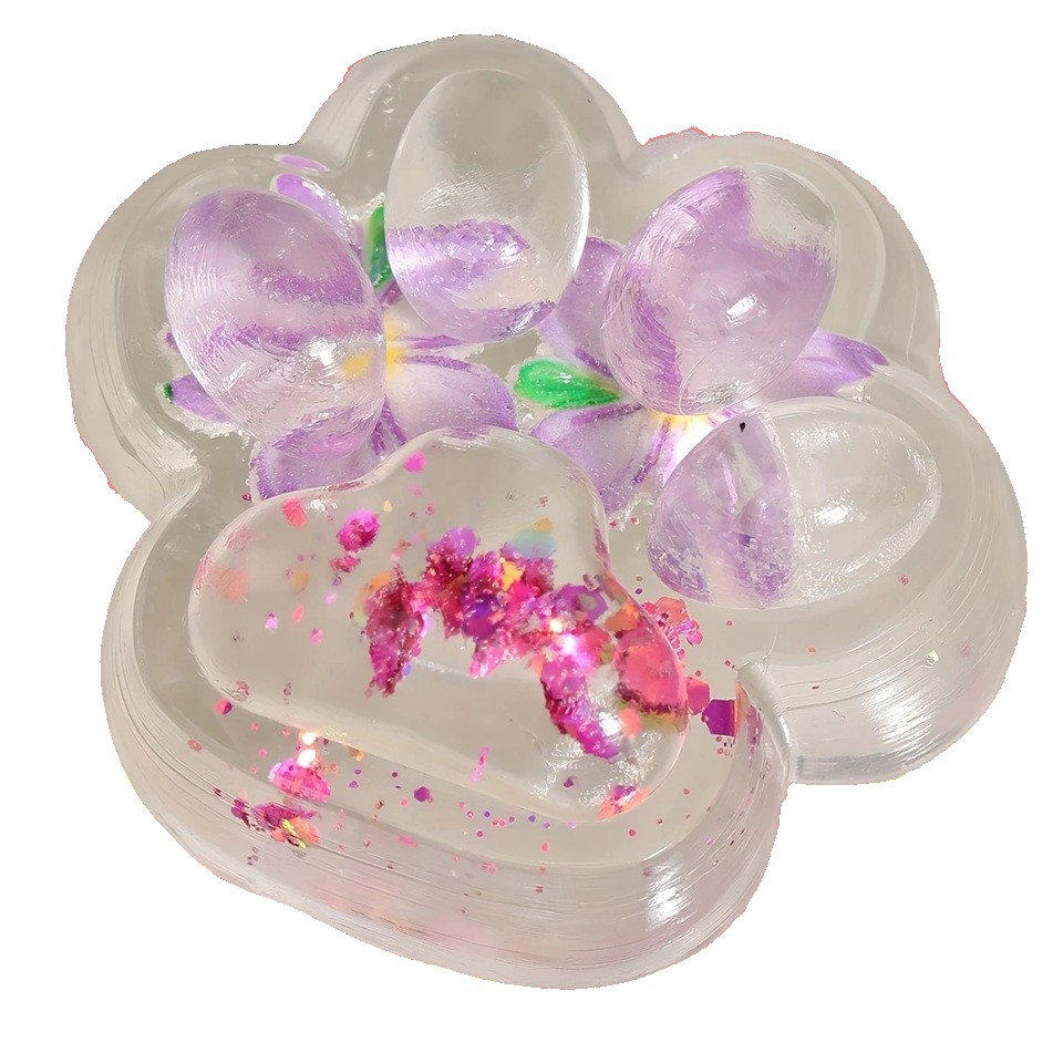 Jucării, copii și bebe - Jucarie Antistres Squishy, Flippy, Labuta de Pisica Pufoasa, cu Revenire Lenta, 7 x 6.5 cm, Model Flori 2, Transparent
