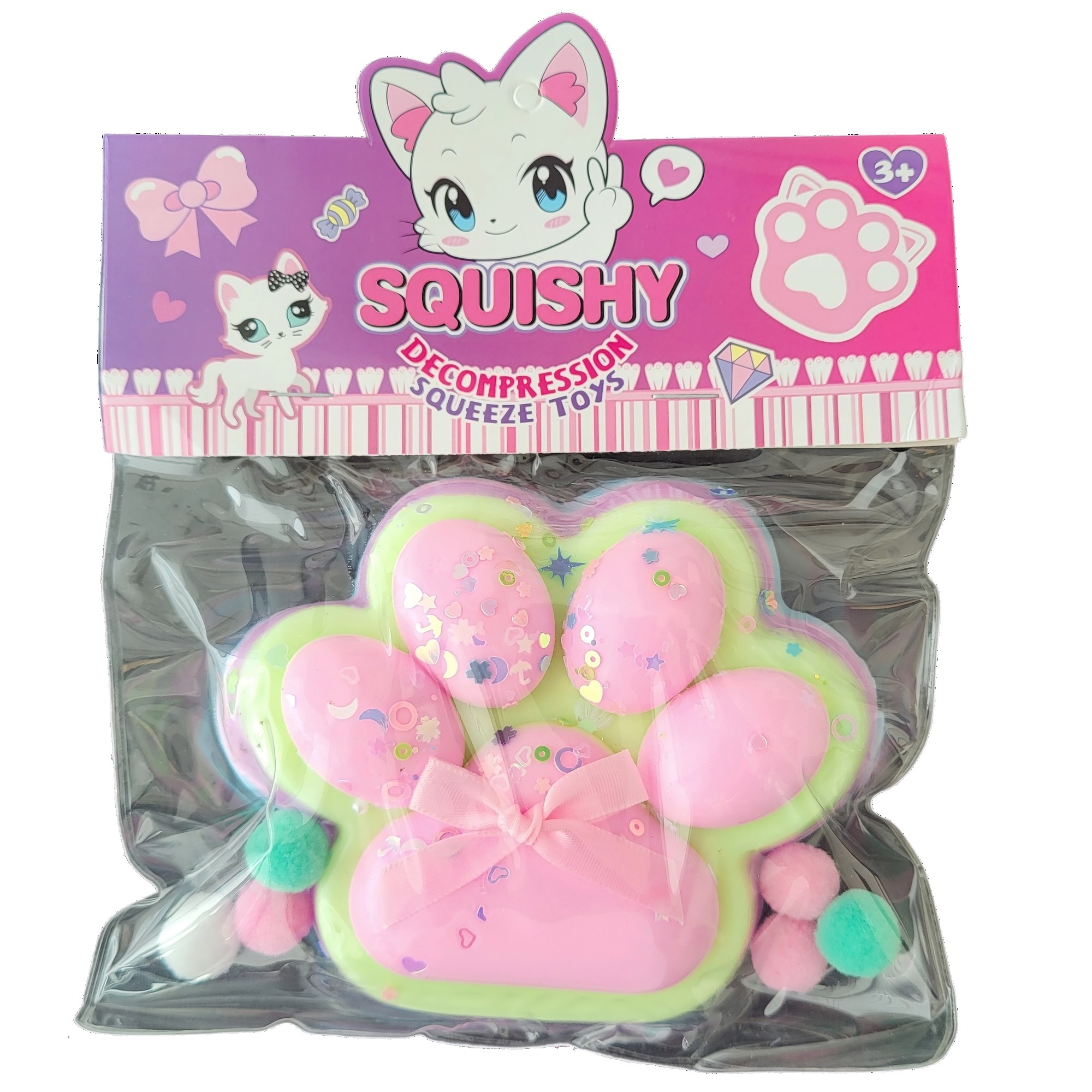 Jucării, copii și bebe - Jucarie Antistres Squishy, Flippy, cu Revenire Lenta, Model Labuta de Pisica Pufoasa, 12.5x10.5 cm, 200g, Squeeze Pinch Family, Ambalaj Transparent, Roz Curcubeu