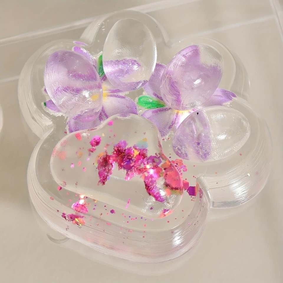 Jucarie Antistres Squishy, Flippy, Labuta de Pisica Pufoasa, cu Revenire Lenta, 7 x 6.5 cm, Model Flori 2, Transparent [1]