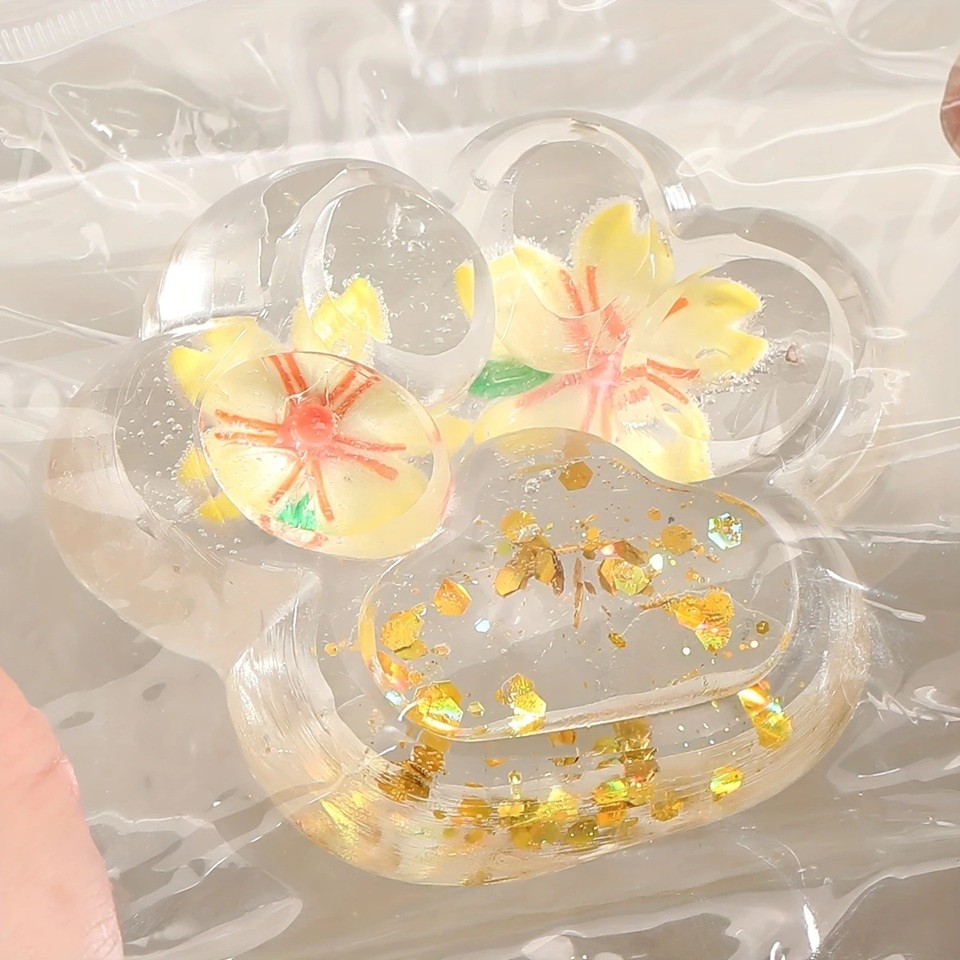 Jucarie Antistres Squishy, Flippy, Labuta de Pisica Pufoasa, cu Revenire Lenta, 7 x 6.5 cm, Model Flori 2, Transparent [4]