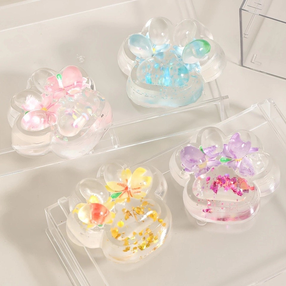 Jucarie Antistres Squishy, Flippy, Labuta de Pisica Pufoasa, cu Revenire Lenta, 7 x 6.5 cm, Model Flori 2, Transparent [5]