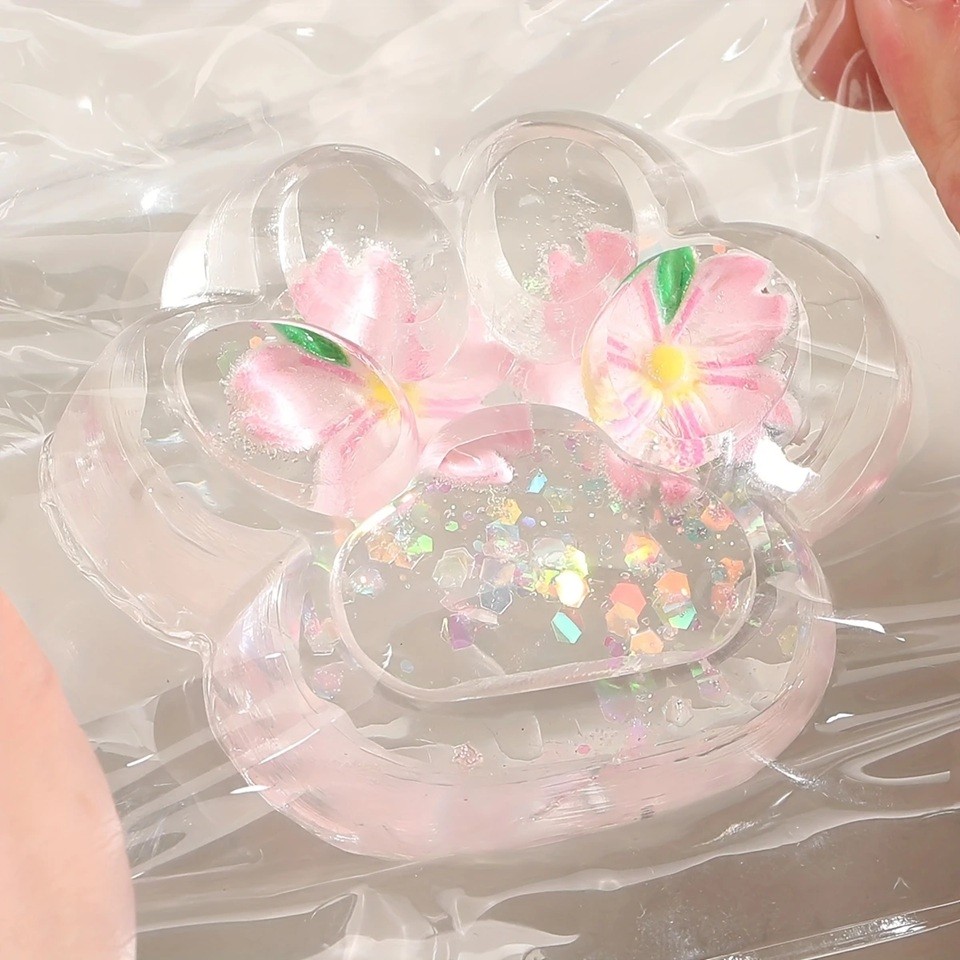 Jucarie Antistres Squishy, Flippy, Labuta de Pisica Pufoasa, cu Revenire Lenta, 7 x 6.5 cm, Model Flori 2, Transparent [2]