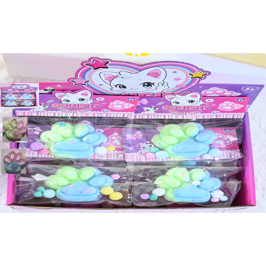 Jucării, copii și bebe - Jucarie Antistres Squishy, Flippy, cu Revenire Lenta, Labuta de Pisica Pufoasa, 7.5 cm, Ambalaj Transparent, Model 27059, Multicolor