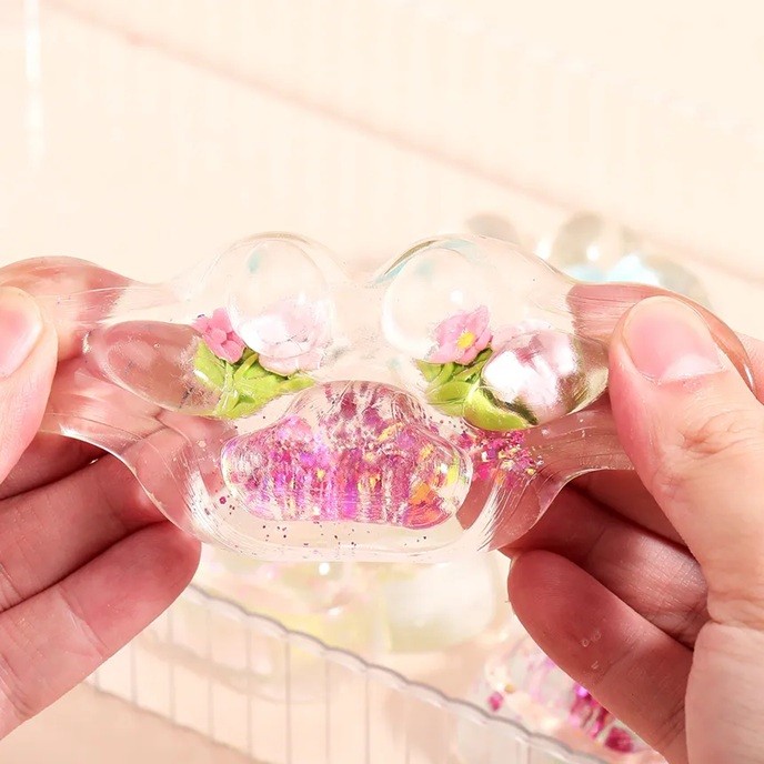 Jucarie Antistres Squishy, Flippy, Labuta de Pisica Pufoasa, cu Revenire Lenta, 7 x 6.5 cm, Model Flori 1, Transparent [7]